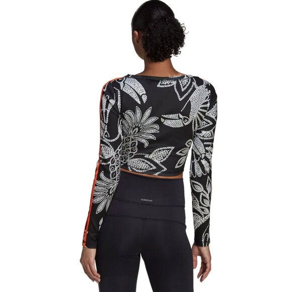 NWT Adidas X Farm Rio Crop Top Long Sleeve Aeroready Floral Black White S - Picture 4 of 14